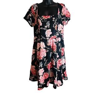 Torrid Floral Dress 1 1X Black Pink Short Sleeve Fit Flare Plus Size Stretch New